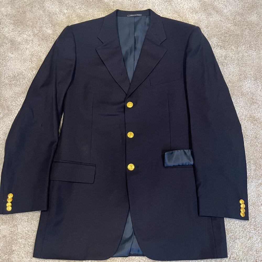 Corneliani Navy Wool Blazer Gold Buttons Italian Super 120s Merino